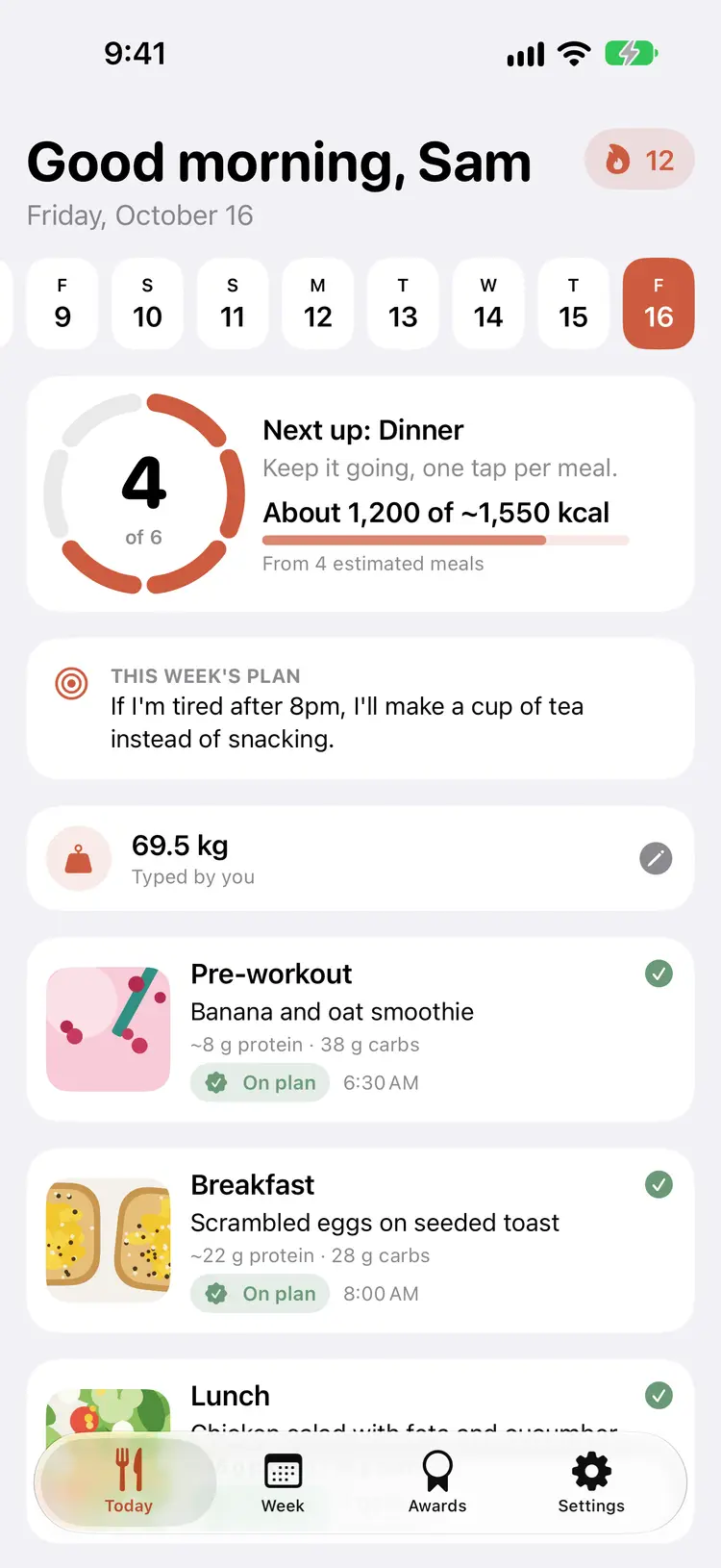 The Today screen with the day's meals, a streak and the calorie ring